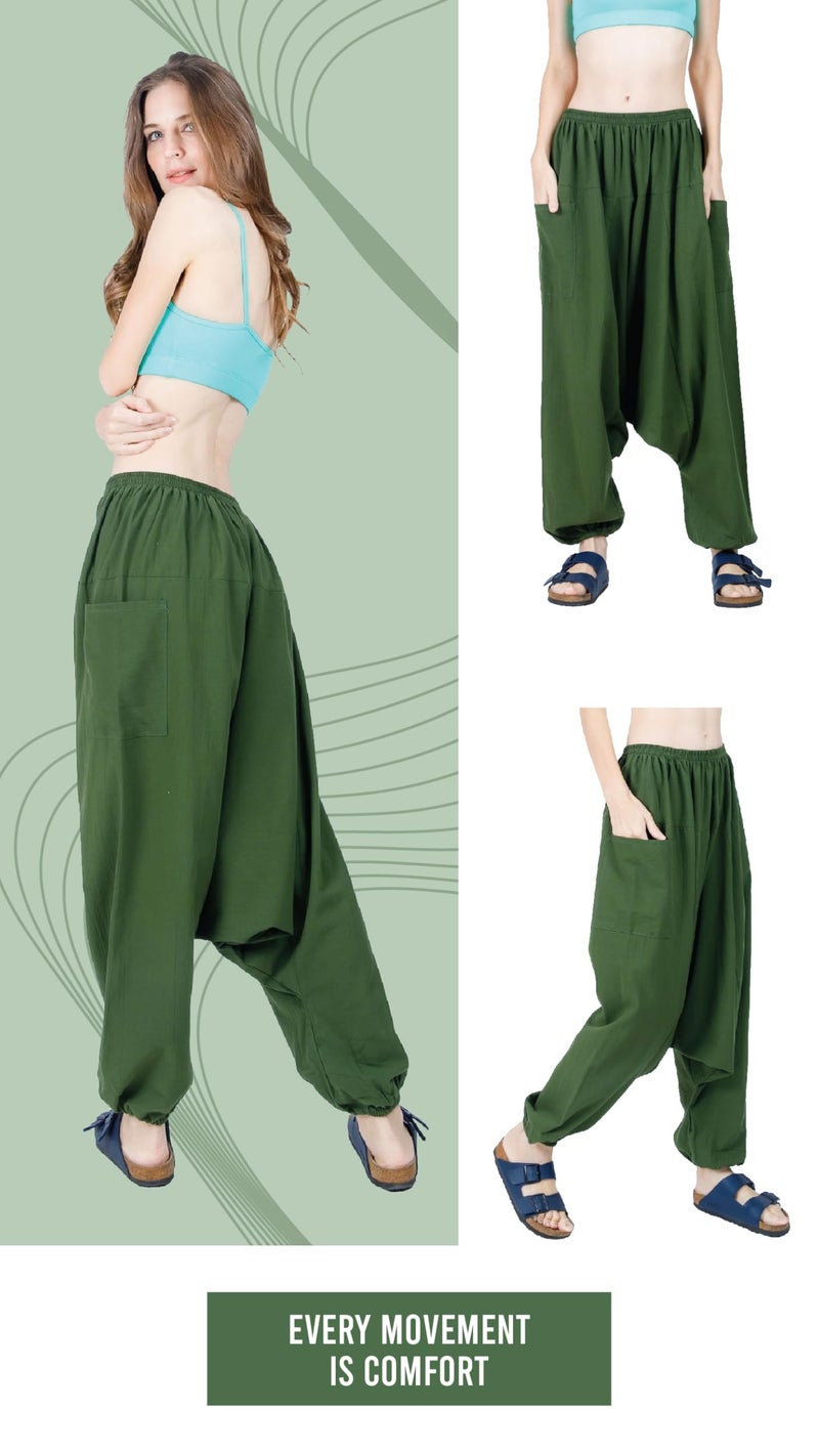 CandyHusky Women Cotton Harem Pants Casual Elastic Waist Boho Pants Comfort Soft - Green - Image 2
